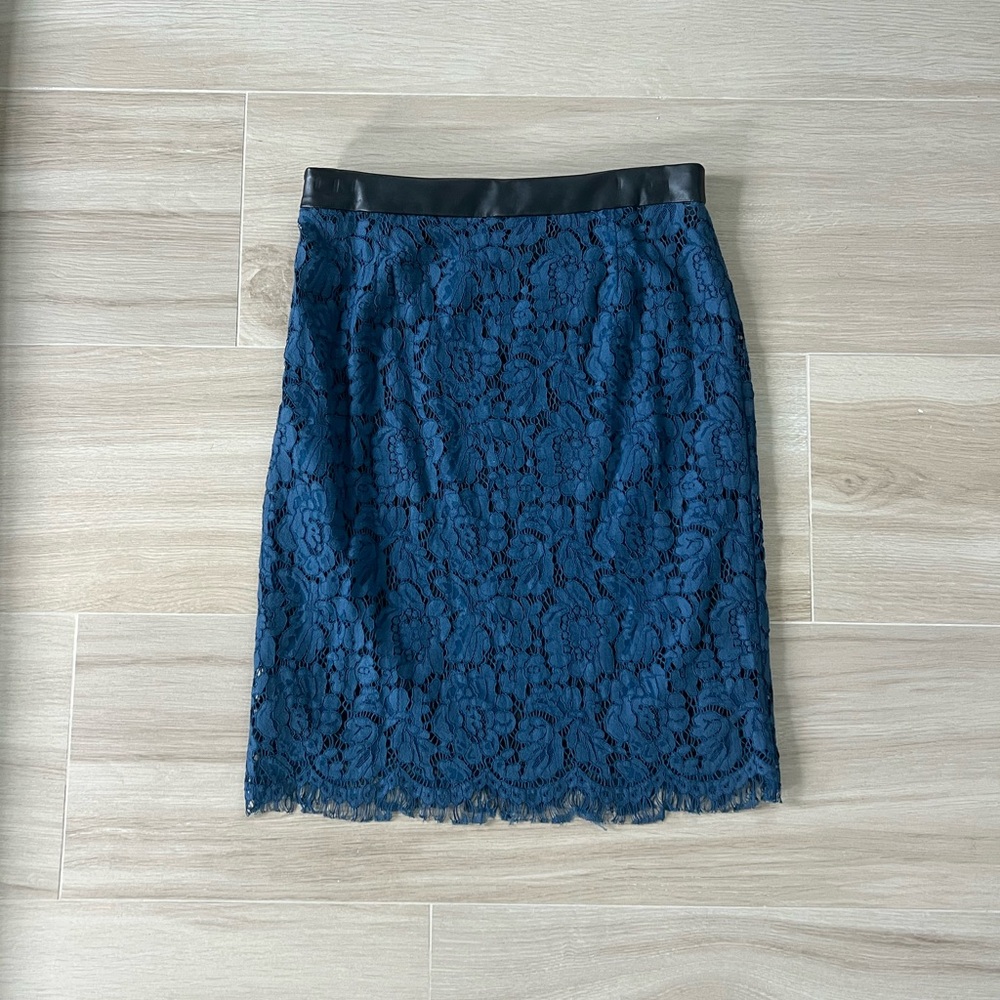 Brixon Ivy Navy Lace Pencil Skirt with Black Waistband